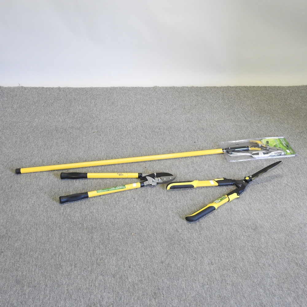 A telescopic pruner, together with telescopic ratchet loppers,