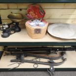 A collection of metalwares, to include a set of cast iron kitchen scales and a carved stone dish,