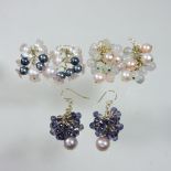 A pair of 14 carat gold mounted pearl and quartz cluster earrings, 4cm drop,
