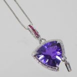 A Camilli 18 carat gold trillion amethyst, ruby and diamond pendant necklace, of triangular shape,