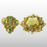 A Victorian style unmarked citrine, emerald and pearl brooch,