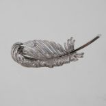 An unmarked diamond set brooch, in the form of a feather, with textured plumes,