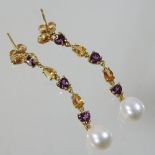 A pair of 18 carat gold topaz, citrine and pearl pendant earrings,