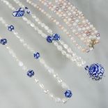 A cultured pearl and Delft blue and white bead necklace, 44cm drop,