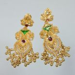 A pair of 22 carat gold filigree decorated and enamelled pendant earrings, stamped 93KDM, 5cm drop,