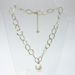 A silver gilt open link necklace, suspended with a single baroque pearl, approximately 22 x 17mm,