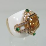 A large Kabana style 18 carat gold, golden topaz, diamond and emerald cabochon designer ring,