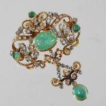 An unmarked Austro-Hungarian polished emerald and diamond articulated brooch,
