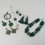A collection of modern silver, gilt, green glass and hardstone costume jewellery,