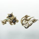 An unmarked diamond and emerald brooch, in the form of a pair of entwined flowers, 5cm overall,