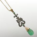 A Magerit 18 carat gold necklace, suspended with a diamond and emerald openwork pendant, 5cm long,