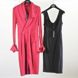 A Donna Karan red jersey designer dress, together with a Donna Karan black cocktail dress,