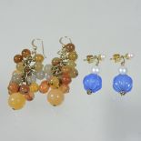 A pair of 14 carat gold, pearl and blue glass bead pendant earrings, 3cm drop,