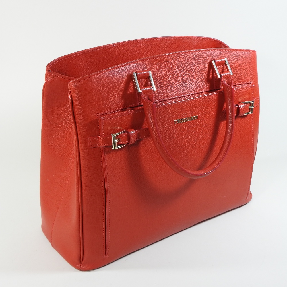 A Trussardi red leather handbag, decorated with buckles, - Image 2 of 6