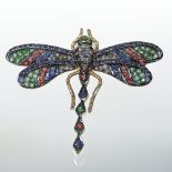 A 14 carat gold and multi gem set brooch, in the form of a dragonfly, 5cm wide, 7.