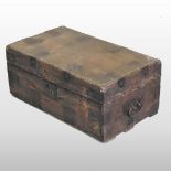 An 18th century iron bound and leather clad box, with a hinged lid,