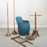A collection of vintage laundry items, to include a blue tub,