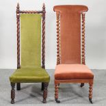 A Victorian red upholstered prie dieu chair, together with another,