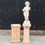 A reconstituted stone garden figure of a cherub on a pedestal, 126cm overall,