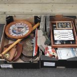 Four boxes of items to include naval plaques, a collection of 1970's BBC sound effects records,
