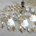 A collection of brass and glass wall lights, to include one stamped SM GAS 09,
