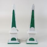 A pair of white marble and malachite inlaid obelisks,