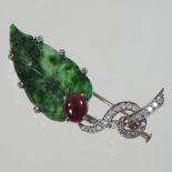 An 18 carat gold carved jade, diamond and gem set brooch, of leaf and berry design, 5cm long,