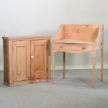An antique pine hanging cabinet, together with a pine washstand,