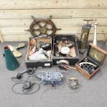 A large collection of naval style items, to include signals, gauges, a propeller,