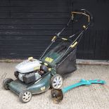 A petrol self-propelled lawnmower,