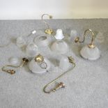 Two boxes of glass and brass lights and shades,