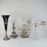 A silver plated and glass epergne, together with various other plated items,