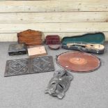 A Victorian tray, 59cm long, together with a box, a carved mask, and a ukulele,
