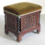 A 19th century rosewood music stool, with fret carved decoration,