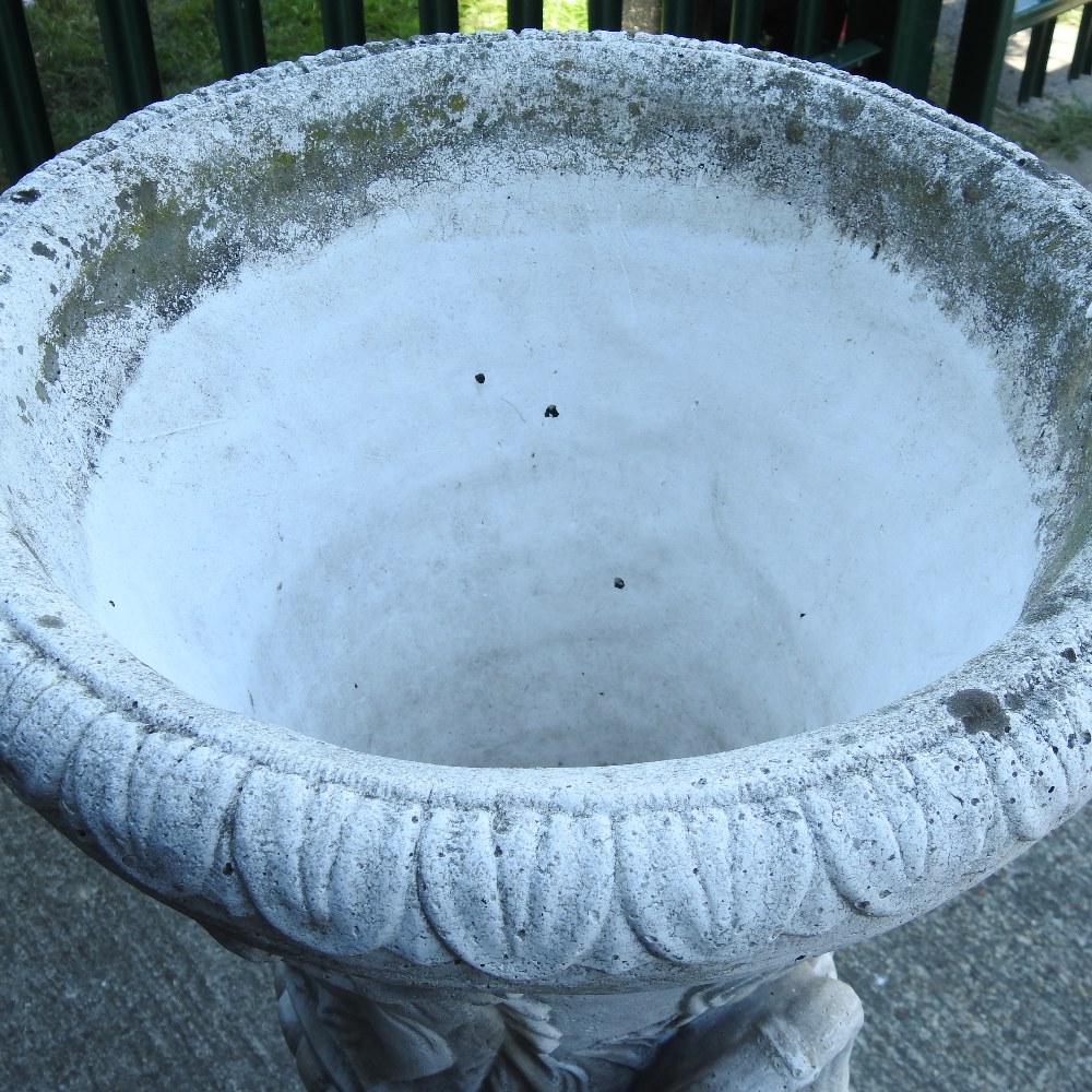 A weathered reconstituted stone faux marble garden urn, on a pedestal base, - Image 11 of 13