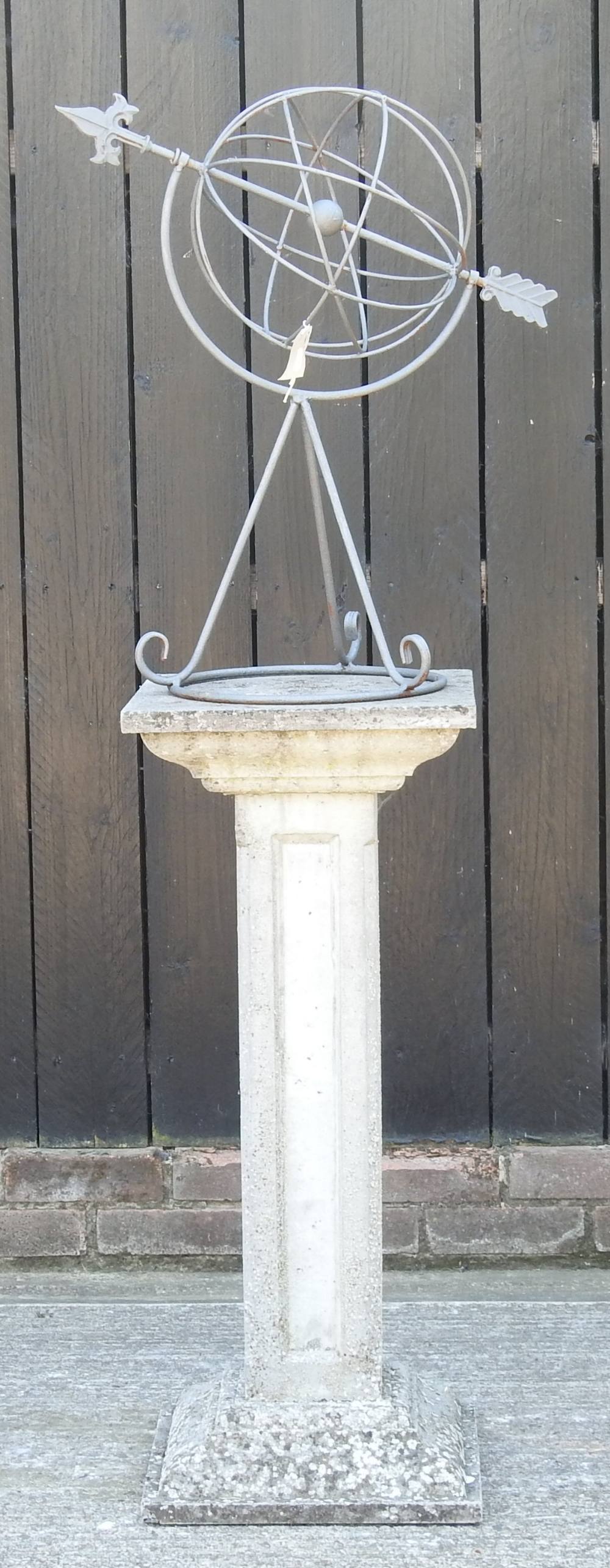 An iron garden armillary sphere, mounted on a reconstituted stone column, - Image 7 of 7