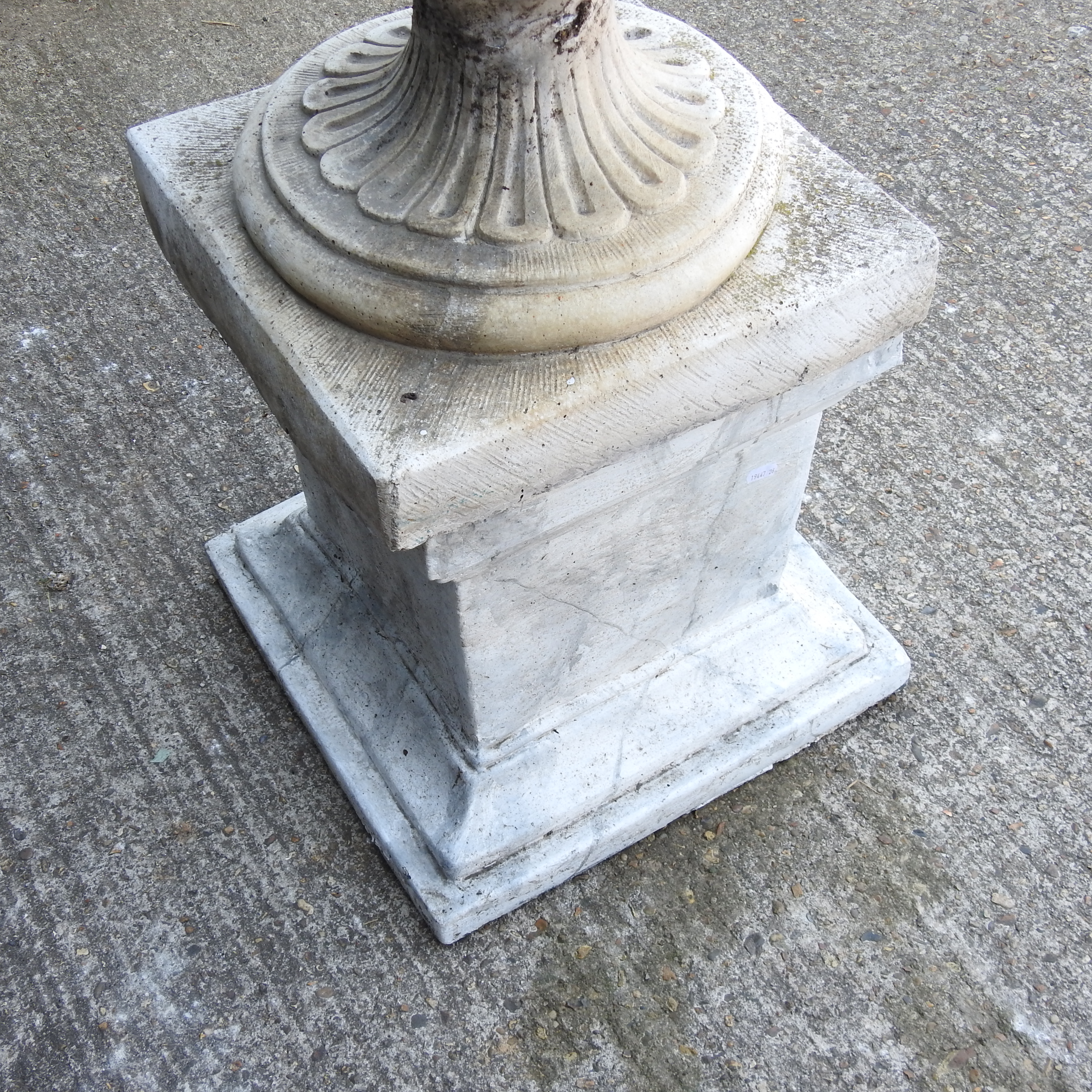 A weathered reconstituted stone faux marble garden urn, on a pedestal base, - Image 12 of 13