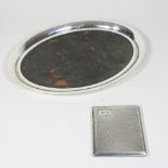 An early 20th century silver and simulated tortoiseshell oval card tray, Birmingham 1928, 28cm,