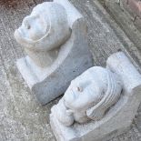 A medieval style carved stone corbel, in the form of a knight, together with another similar,