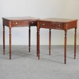 A pair of bespoke made walnut side tables, each containing a single drawer, on reeded legs,