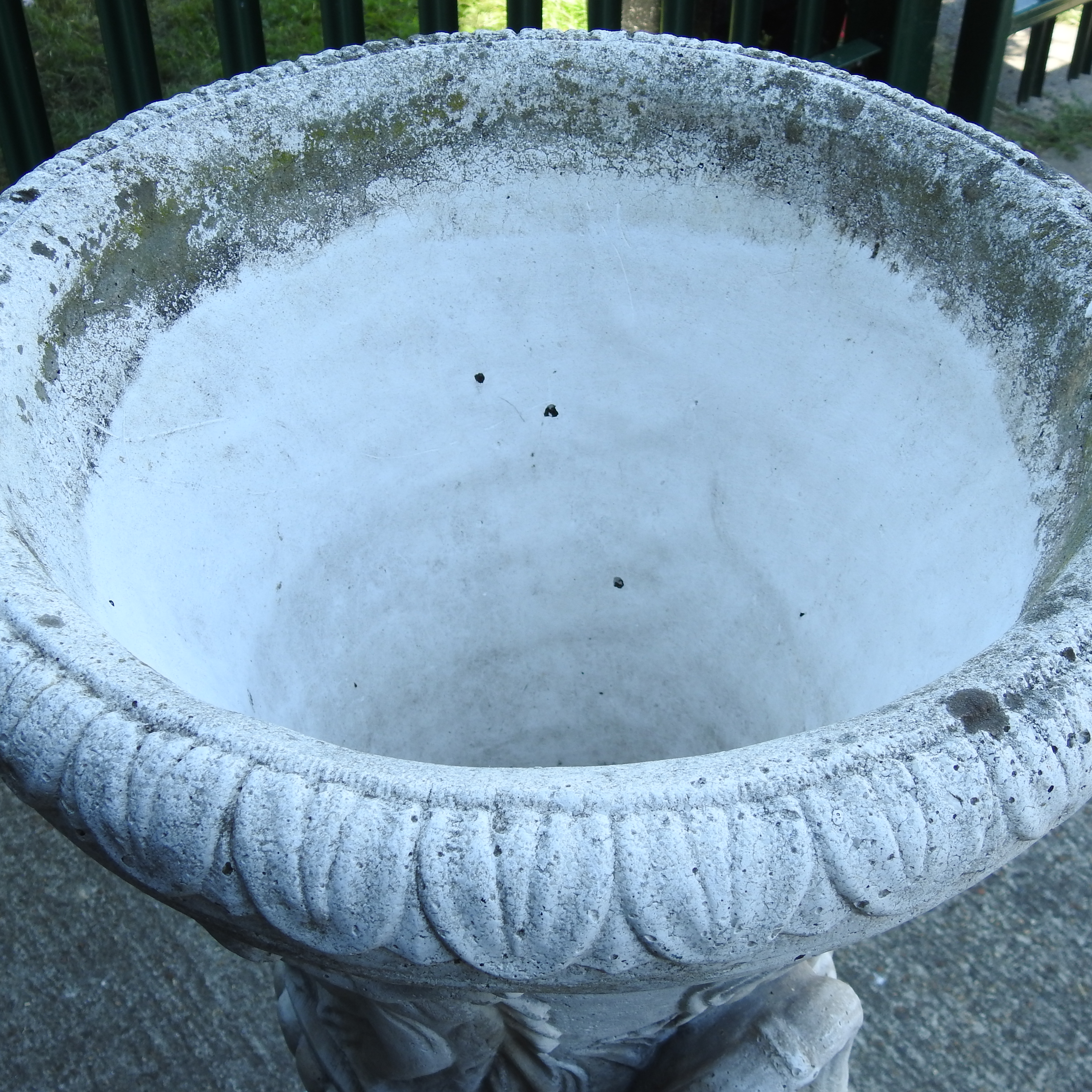 A weathered reconstituted stone faux marble garden urn, on a pedestal base, - Image 10 of 13