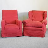 A Howard style red upholstered armchair,