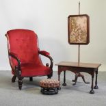 A Victorian red upholstered open armchair, together with an oak occasional table, 68cm,