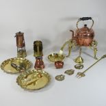 A collection of brass and copper, to include a trivet, kettle and a hurricane lamp,