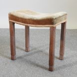 A George VI oak and upholstered coronation stool, stamped 'Coronation GR VI' to the underside,