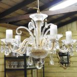 A glass five branch chandelier,