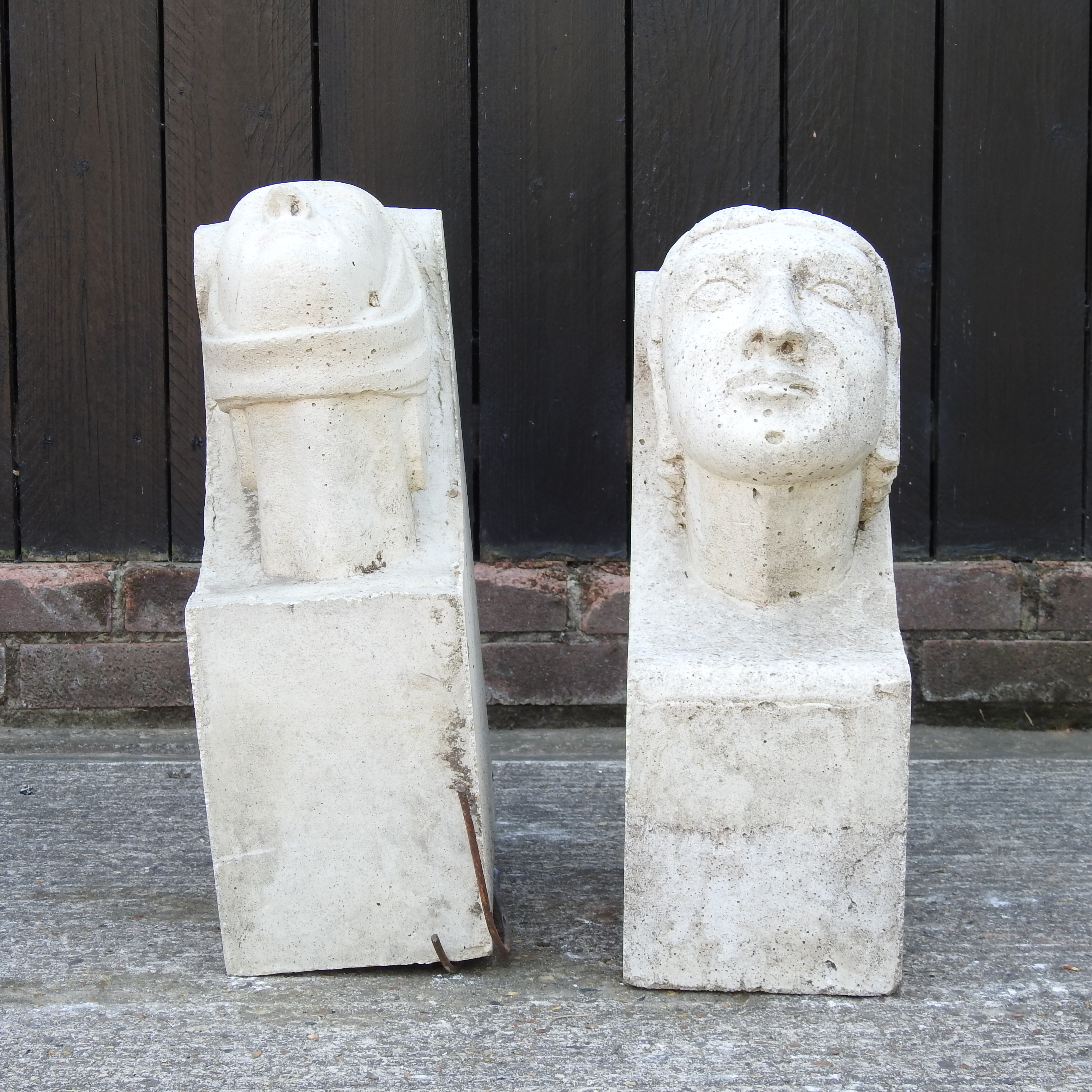 A near pair of medieval style reconstituted stone corbels, each in the form of a merchant's head, - Image 4 of 6
