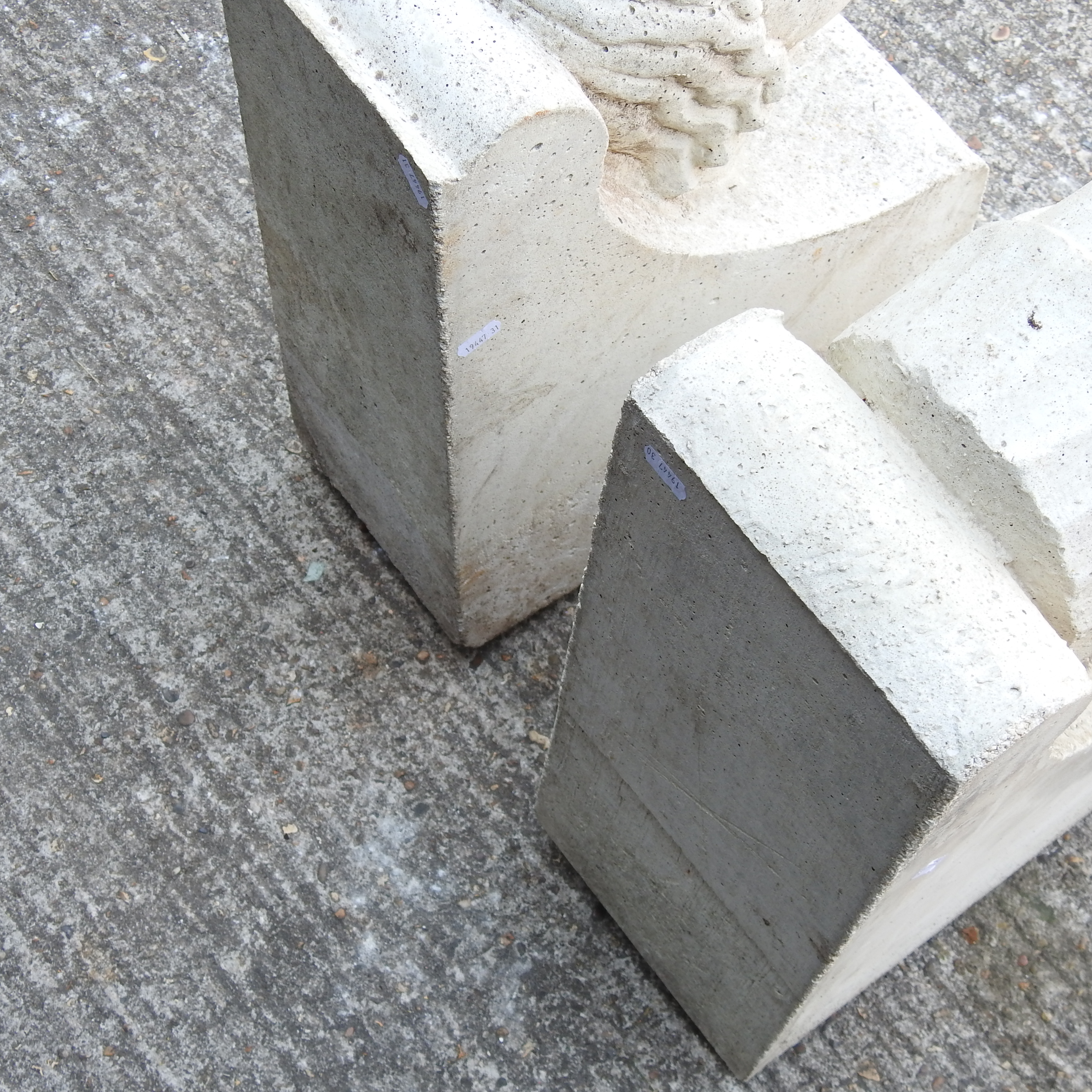 A near pair of medieval style reconstituted stone corbels, each in the form of a merchant's head, - Image 2 of 6