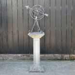 An iron garden armillary sphere, mounted on a reconstituted stone column,