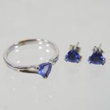 A bespoke made 9 carat gold trillion cut tanzanite ring, together with a pair of similar earrings,